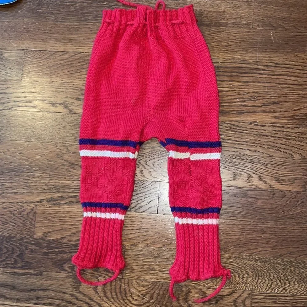 Vtg red, white & blue knit wool yarn‎ unisex winter pants with stirrups